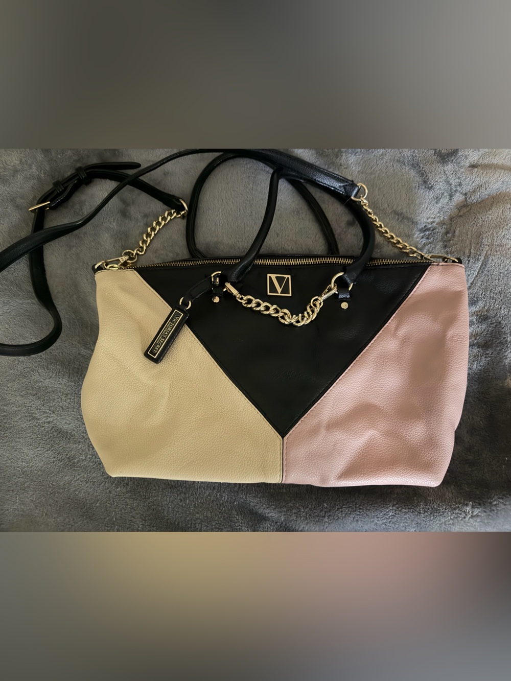 Victoria Secret Tri-Panel faux Leather Tote in Black, Cream & Pink